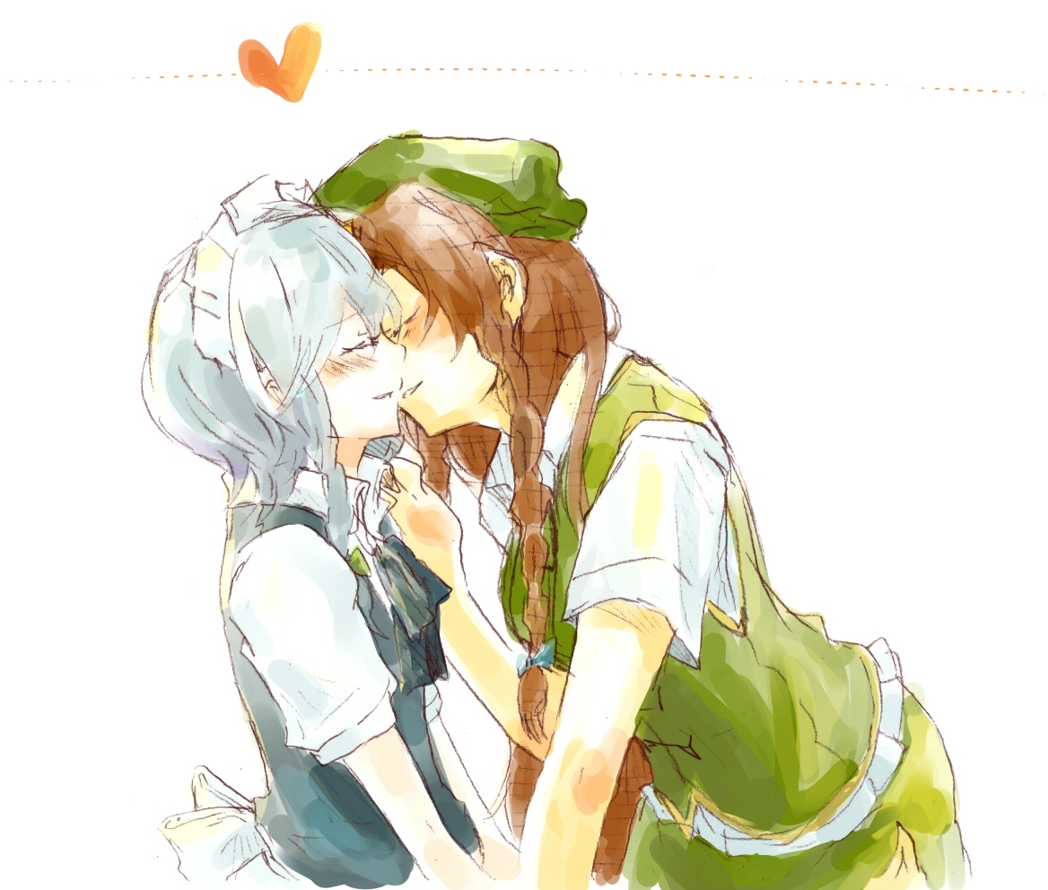 kurau kii, hong meiling, izayoi sakuya, embodiment of scarlet devil, touhou, silver hair, bad id, bad pixiv id, 2girls, braid, china dress, chinese clothes, dress, female focus, hairband, hat, heart, kiss, long hair, maid, multiple girls, red hair, short hair, twin braids, yuri