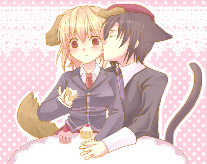 bitakoko, kanon (umineko), ushiromiya jessica, umineko no naku koro ni, 00s, animal ears, beret, black hair, blonde hair, cupcake, food, hat, licking, necktie, tail
