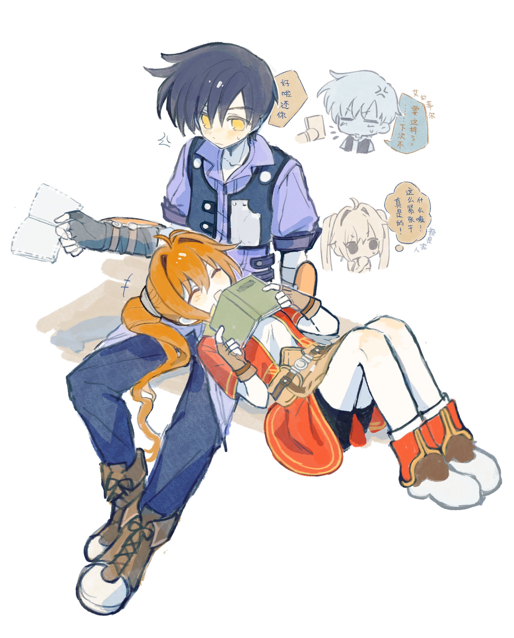 estelle bright, joshua bright, eiyuu densetsu, sora no kiseki, absurdres, commentary request, highres, translation request, 1boy, 1girl, ahoge, anger vein, antenna hair, bike shorts, bike shorts under skirt, black gloves, black hair, boots, brown gloves, brown hair, closed eyes, cropped jacket, denim, double-parted bangs, fingerless gloves, full body, gloves, hair between eyes, hair intakes, jeans, lap pillow, long hair, morino kaoru, open mouth, pants, parted bangs, shoes, short sleeves, shorts, shorts under skirt, simple background, smile, sneakers, speech bubble, swept bangs, white background, yellow eyes