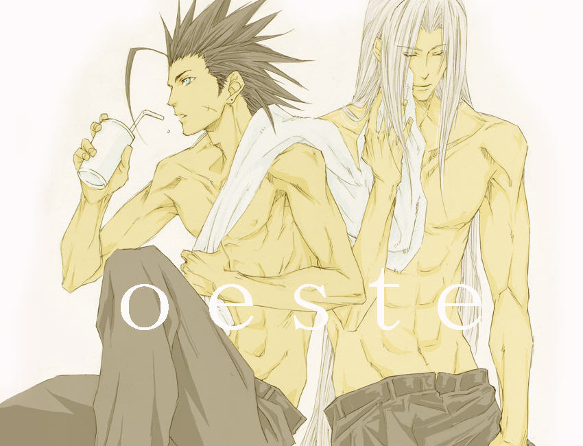 sephiroth, zack fair, final fantasy, final fantasy vii, artist request, 1990s (style), 2boys, ahoge, aqua eyes, black hair, closed eyes, drink, drinking straw, male focus, multiple boys, muscular, scar, sitting, spiked hair, topless male, towel, white hair
