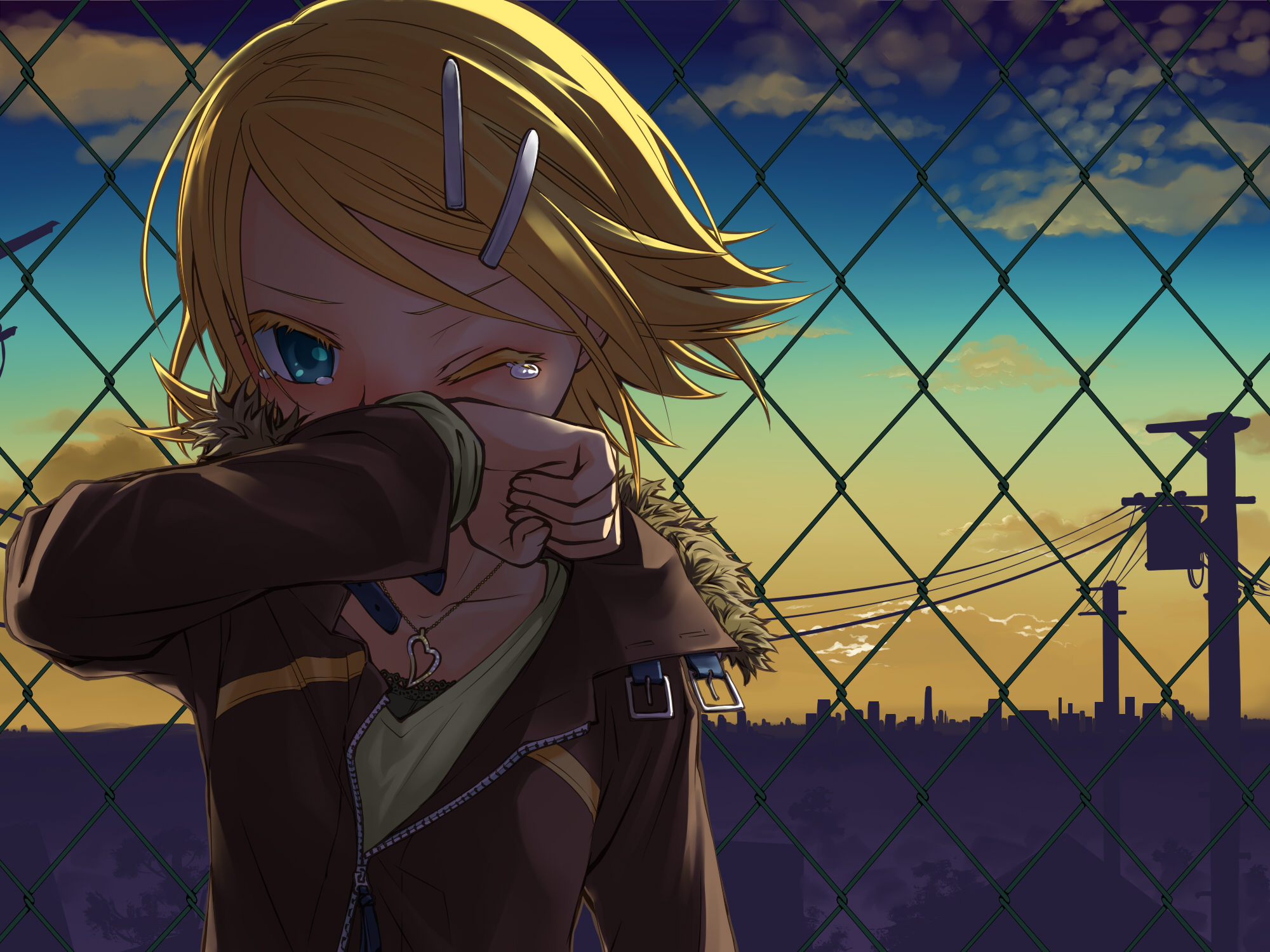 junji, kagamine rin, vocaloid, highres, 1girl, blonde hair, blue eyes, building, city, cityscape, cloud, colored eyelashes, female focus, hair ornament, hairclip, heart, heart necklace, jacket, jewelry, necklace, outdoors, scenery, short hair, sky, solo, tears, wince
