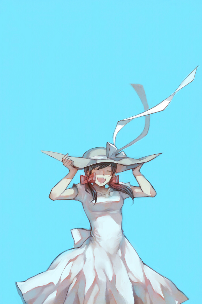 popompon, seychelles (hetalia), axis powers hetalia, bad id, bad pixiv id, 00s, 1girl, brown hair, closed eyes, dress, female focus, hair ribbon, hand on headwear, hat, long hair, open mouth, ribbon, smile, solo, twintails, wind