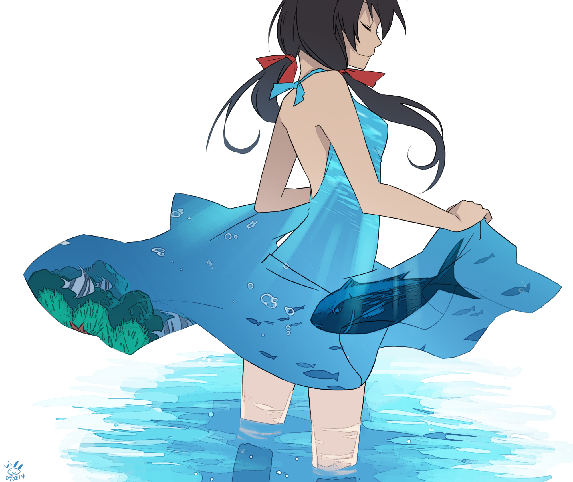 hanabi (artist), seychelles (hetalia), axis powers hetalia, bad id, bad pixiv id, highres, 00s, 1girl, a world underneath, back, bare shoulders, black hair, closed eyes, dress, female focus, fish, hair ribbon, long hair, ribbon, smile, solo, twintails, water, wet, white background