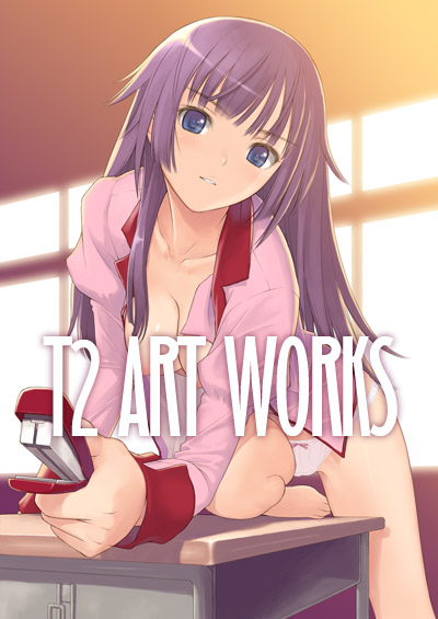 tanaka takayuki, senjougahara hitagi, bakemonogatari, monogatari (series), 1girl, barefoot, blue eyes, blush, breasts, cleavage, long hair, panties, purple hair, school uniform, solo, stapler, underwear