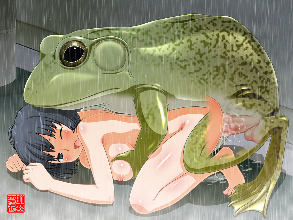 machino henmaru, 1girl, animal, barefoot, bent over, bestiality, blue eyes, breasts, censored, completely nude, doggystyle, frog, full body, grabbing another's breast, grabbing from behind, groping, medium breasts, mosaic censoring, nipples, nude, one eye closed, outdoors, oversized animal, penis, public indecency, rain, sex, sex from behind, short hair, top-down bottom-up, vaginal, zenra