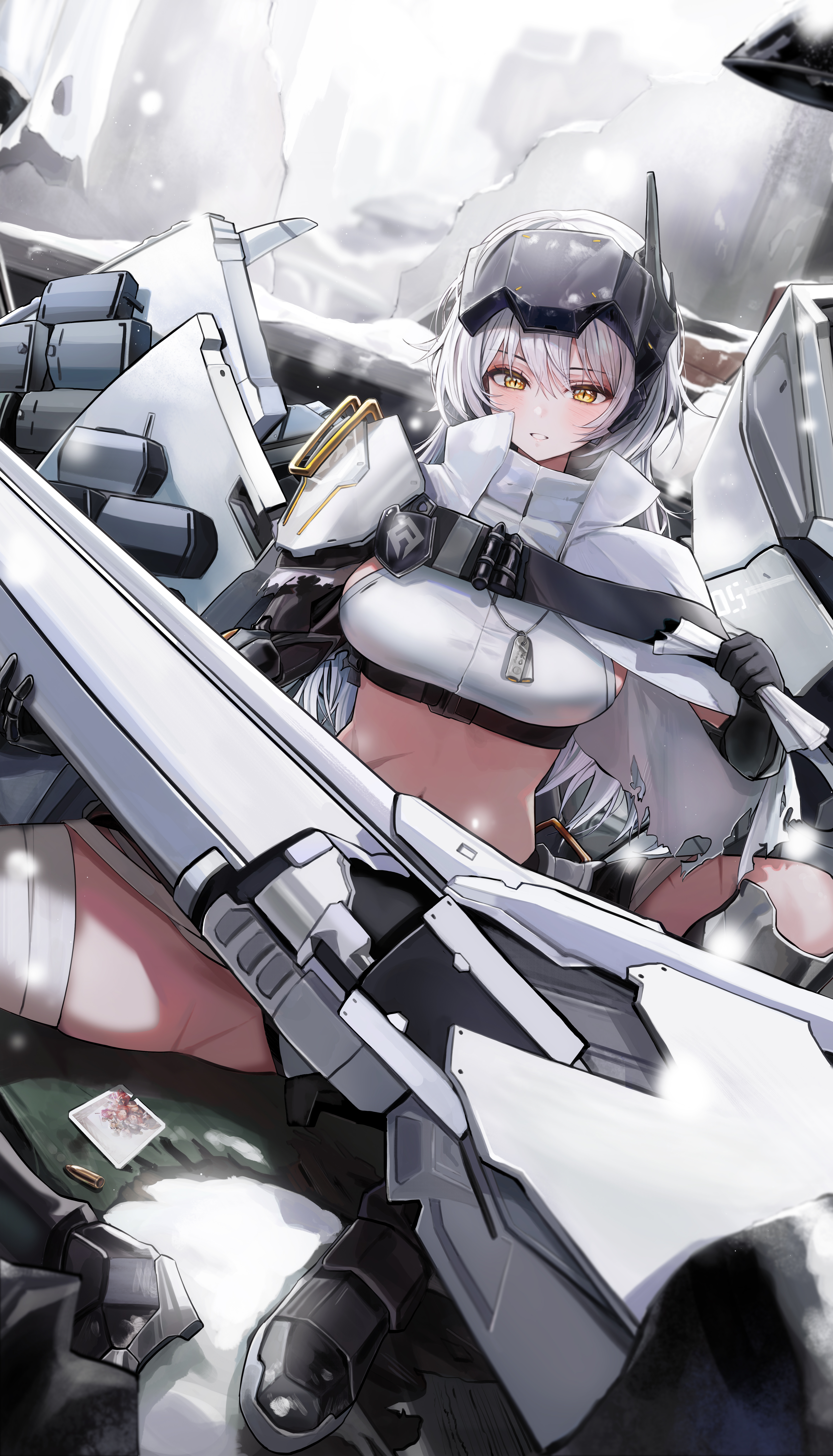 blance, snow white (heavy arms) (nikke), snow white (nikke), goddess of victory: nikke, absurdres, commentary request, highres, 1girl, bandaged leg, bandages, breasts, bullet, cloak, dog tags, headgear, holding, large breasts, light blush, long hair, looking at viewer, mechanical arms, mechanical hands, outdoors, parted lips, photo (object), sitting, snow, solo, thighs, torn cloak, torn clothes, white cloak, white hair, yellow eyes