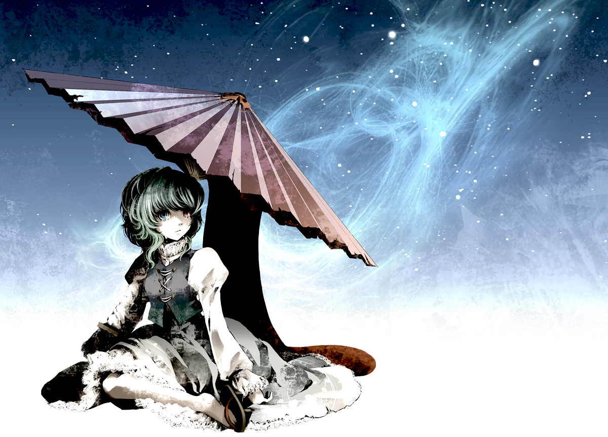 mochinue, tatara kogasa, touhou, 1girl, blue eyes, blue hair, female focus, full body, geta, heterochromia, karakasa obake, matching hair/eyes, night, red eyes, sandals, short hair, solo, star (symbol), tongue, umbrella