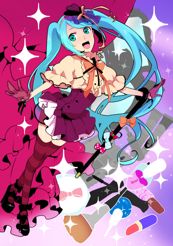numeri, hatsune miku, vocaloid, bad id, bad pixiv id, 1girl, aqua eyes, aqua hair, bow, cane, female focus, full body, gloves, hair ribbon, legs, long hair, ribbon, skirt, smile, solo, sparkle, striped clothes, striped thighhighs, thighhighs, twintails, veil, very long hair, zettai ryouiki