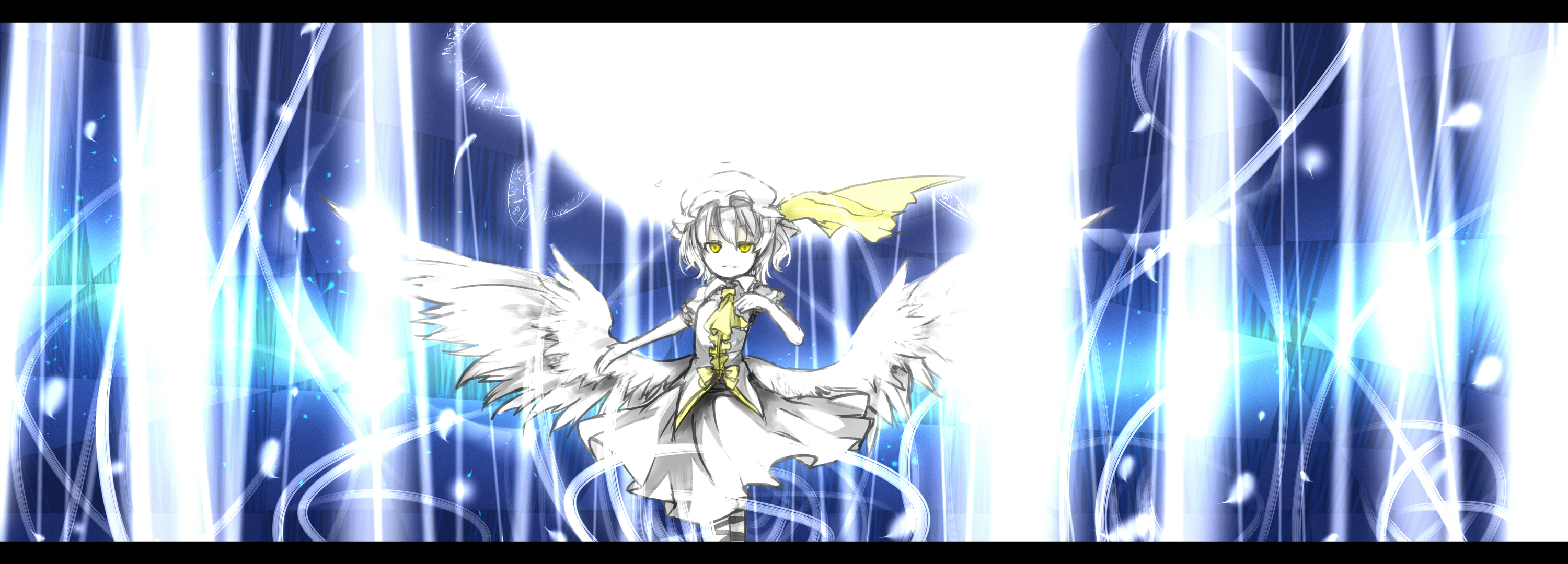 ganesagi, megalith (mugen), remilia scarlet, m.u.g.e.n, touhou, light, bad id, bad pixiv id, highres, long image, wide image, 1girl, alternate color, angel wings, female focus, hat, letterboxed, low wings, solo, white hair, wings, yellow eyes
