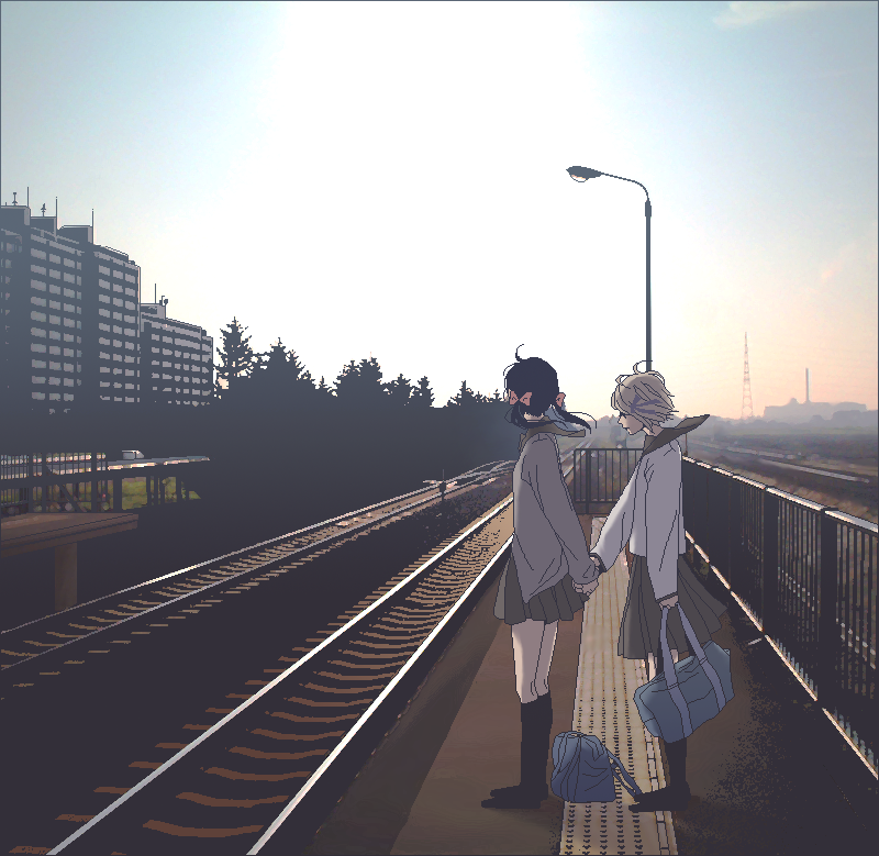 yono, liechtenstein (hetalia), seychelles (hetalia), axis powers hetalia, 00s, 2girls, bag, black hair, blonde hair, building, city, cityscape, hair ribbon, holding hands, kneehighs, landscape, long hair, multiple girls, railroad tracks, ribbon, school uniform, serafuku, short hair, sky, socks, tactile paving, train station, twintails