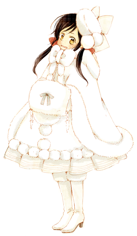 machiba riku (pixiv), matoba, seychelles (hetalia), axis powers hetalia, bad id, bad pixiv id, 00s, 1girl, blush, boots, brown eyes, brown hair, dress, female focus, hair ribbon, hat, long hair, poncho, ribbon, solo, twintails, winter, winter clothes