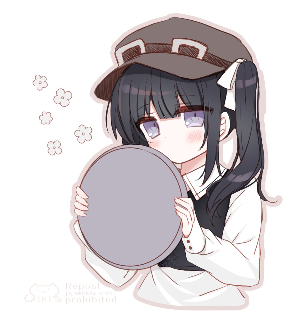 shikito (yawa0w0), kurobe nanoka, mahou shoujo no majo saiban, commentary request, 1girl, black hair, blunt bangs, brown hat, closed mouth, collared shirt, goggles, goggles on headwear, grey eyes, hair ribbon, hands up, hat, holding, holding tray, long hair, long sleeves, looking at viewer, official alternate costume, ribbon, shirt, sidelocks, simple background, solo, tray, treasure cafe, twintails, upper body, vest, white background, white shirt