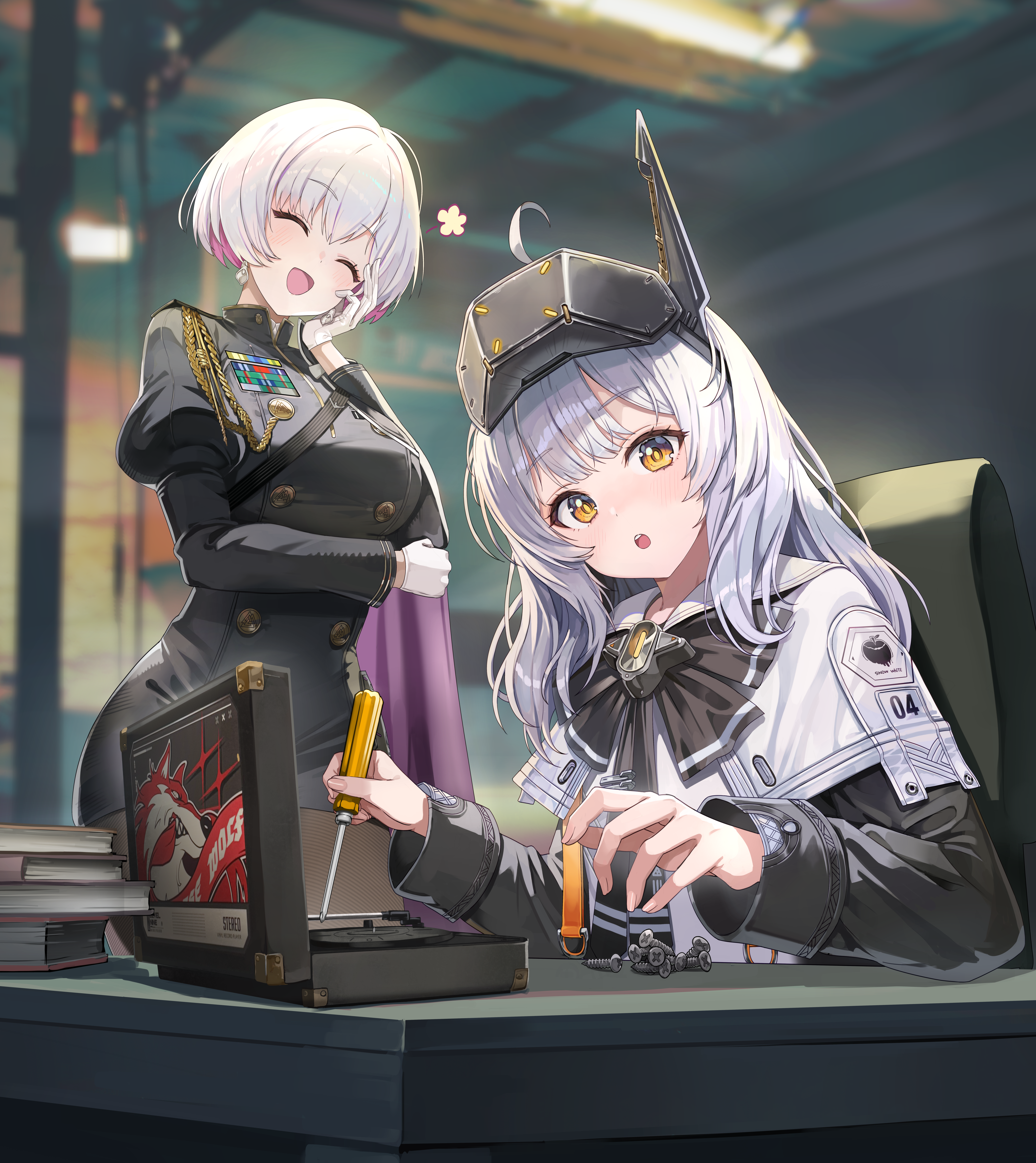 misyune, liliweiss (nikke), snow white (innocent days) (nikke), snow white (nikke), goddess of victory: nikke, absurdres, commentary request, highres, korean commentary, 2girls, ahoge, aiguillette, arms up, black bow, black bowtie, black dress, black pantyhose, black shirt, blurry, blurry background, blush, book, book stack, bow, bowtie, breasts, buttons, cape, capelet, chair, chest strap, closed eyes, colored inner hair, cowboy shot, double-breasted, dress, earrings, epaulettes, gloves, hand on own cheek, hand on own face, head-mounted display, holding, holding screwdriver, jewelry, long hair, long sleeves, looking at another, looking at viewer, medium breasts, multicolored hair, multiple girls, open mouth, pantyhose, pencil dress, pink hair, puffy long sleeves, puffy sleeves, purple cape, screw, screwdriver, shirt, short hair, sitting, smile, standing, toolbox, two-tone hair, upper body, visor (armor), visor lift, white capelet, white gloves, white hair, yellow eyes