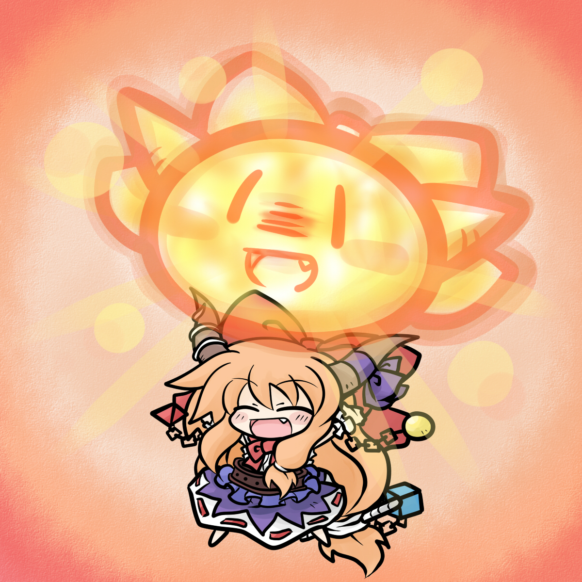 yanagi (nurikoboshi), ibuki suika, touhou, highres, 1girl, belt, blush, bow, chain, chibi, fang, female focus, full body, hair bow, hair ribbon, horns, long hair, orange hair, ribbon, solo, standing