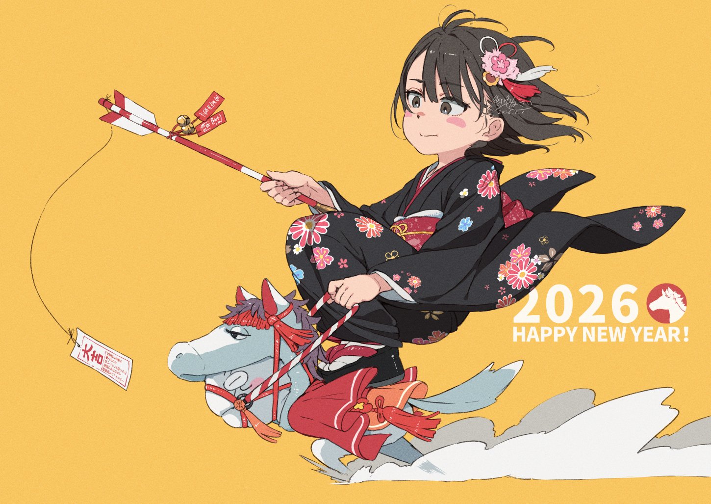 gomennasai, zangyaku-san, ano ko wa toshi densetsu, commentary request, 1boy, 1girl, 2026, arrow (projectile), artist self-insert, black kimono, closed mouth, floral print, hair ornament, happy new year, holding, holding arrow, japanese clothes, kimono, nengajou, new year, obi, riding, sash, smile, solo, yellow background