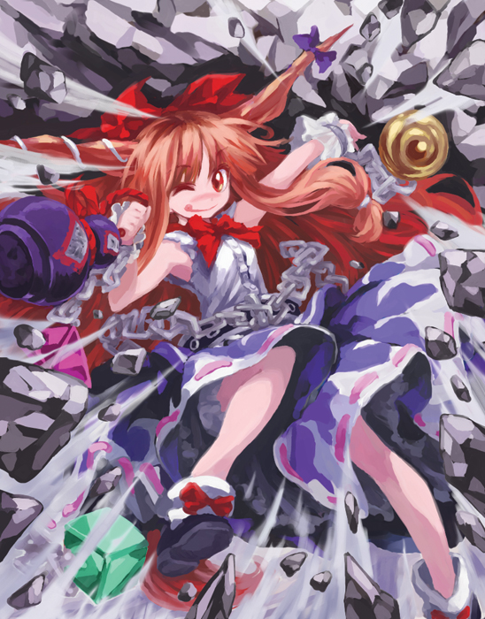 iseki (kuroshura no tabiji), iseki (otameshi), ibuki suika, touhou, 1girl, :p, bow, brown hair, chain, female focus, gourd, horns, long hair, matching hair/eyes, orange eyes, orange hair, solo, tongue, tongue out