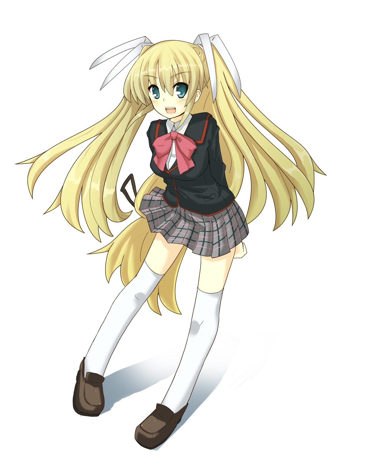 sheep (pixiv), shii puu, tokido saya, little busters!, highres, 1girl, blonde hair, bow, female focus, green eyes, long hair, pink bow, plaid clothes, plaid skirt, school uniform, skirt, solo, thighhighs, twintails