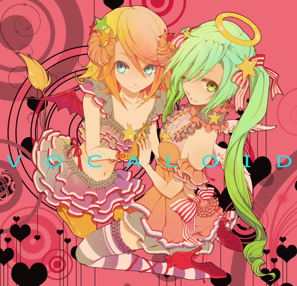 macco, tsumaka, hatsune miku, kagamine rin, vocaloid, striped legwear, bad id, bad pixiv id, 2girls, angel, angel and devil, angel wings, arm garter, bare shoulders, bat wings, blonde hair, blue eyes, bow, breasts, cleavage, crop top, demon, demon girl, demon wings, dress, frills, gloves, gradient hair, green eyes, green hair, hair bow, halo, heart, high heels, holding hands, horns, kneeling, legs, long hair, midriff, multicolored hair, multiple girls, navel, one eye closed, orange hair, shoes, short hair, sitting, skirt, smile, star (symbol), striped clothes, striped thighhighs, tail, thighhighs, traditional halo, twintails, very long hair, wings, wink, zettai ryouiki