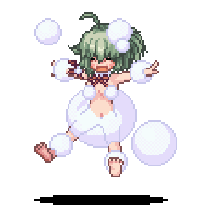 exet, kenkou cross, sprites, kesaran pasaran, kesaran pasaran (monster girl encyclopedia), monster girl encyclopedia, animated, animated gif, lowres, 1girl, ahoge, barefoot, closed eyes, floating, full body, green hair, idle animation, loli, monster girl, open mouth, pixel art, side ponytail, sprite, transparent background