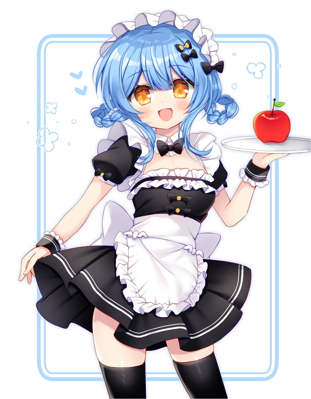 shikito (yawa0w0), tachibana sherry, mahou shoujo no majo saiban, commentary request, highres, 1girl, :d, alternate costume, apple, apron, black bow, black dress, black thighhighs, blue hair, bow, braid, braided hair rings, collared dress, cowboy shot, dress, enmaided, food, frilled apron, frilled dress, frilled hairband, frills, fruit, hair rings, hairband, holding, holding tray, looking at viewer, maid, open mouth, puffy short sleeves, puffy sleeves, short dress, short hair, short sleeves, smile, solo, standing, thighhighs, tray, waist apron, white apron, white hairband, wrist cuffs, yellow eyes