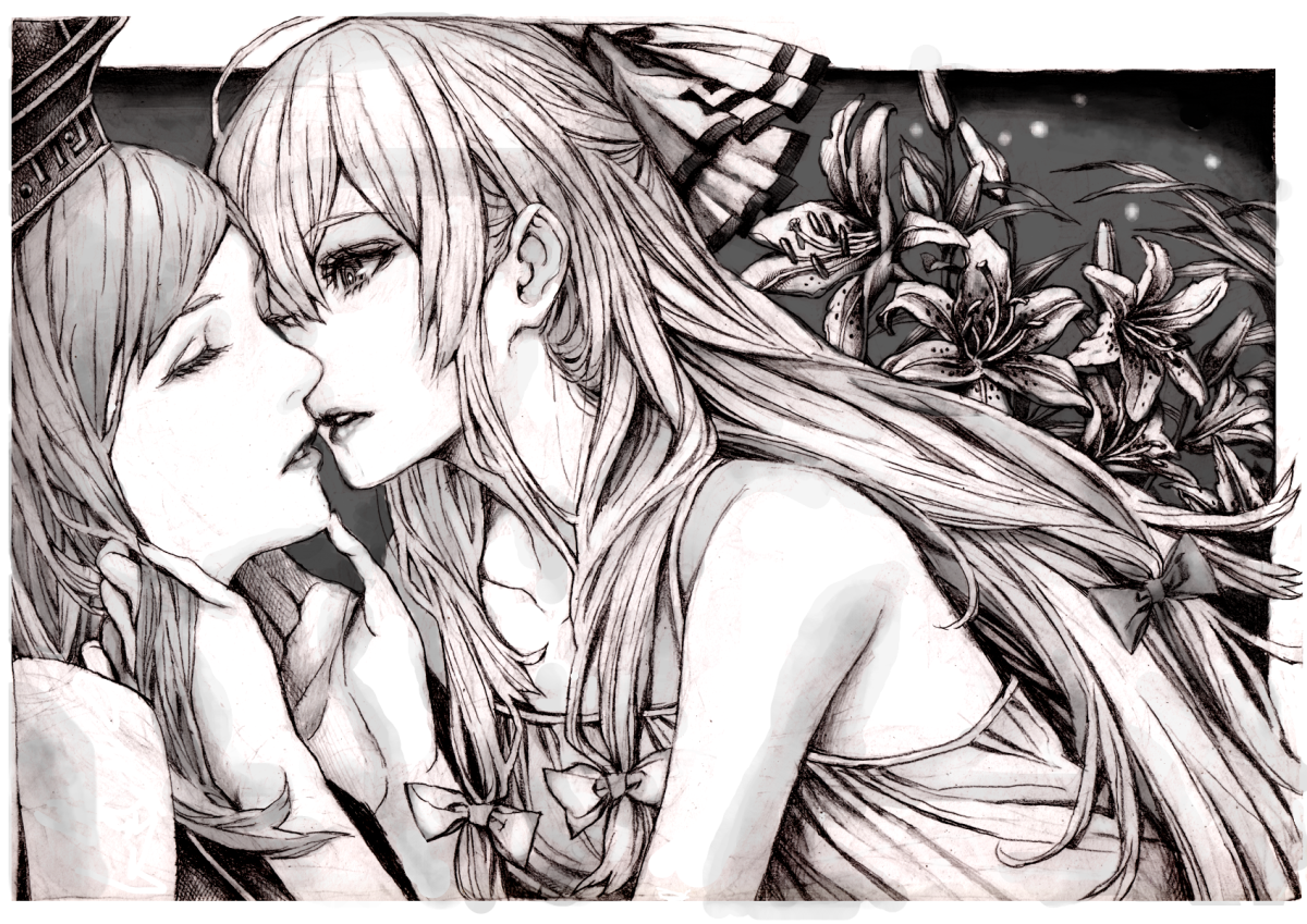 nobita (makoto7060355), fujiwara no mokou, kamishirasawa keine, touhou, 2girls, bow, brown theme, couple, female focus, greyscale, hair bow, hair ribbon, hat, imminent kiss, kiss, long hair, monochrome, multiple girls, multiple hair bows, ribbon, yuri