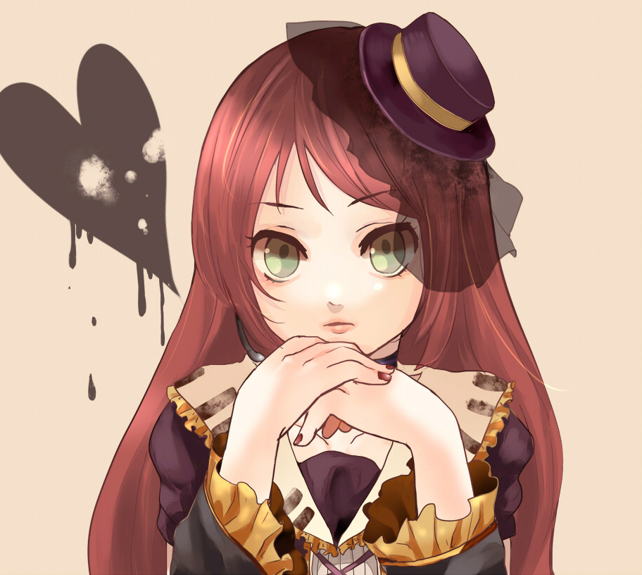 yama (sumikarasu), namine ritsu, utau, vocaloid, bad id, bad pixiv id, 1boy, crossdressing, crossdressing (mtf), detached sleeves, gothic lolita, green eyes, hat, headset, lolita fashion, long hair, male focus, nail polish, portrait, red hair, red nails, solo, top hat, trap, upper body, veil