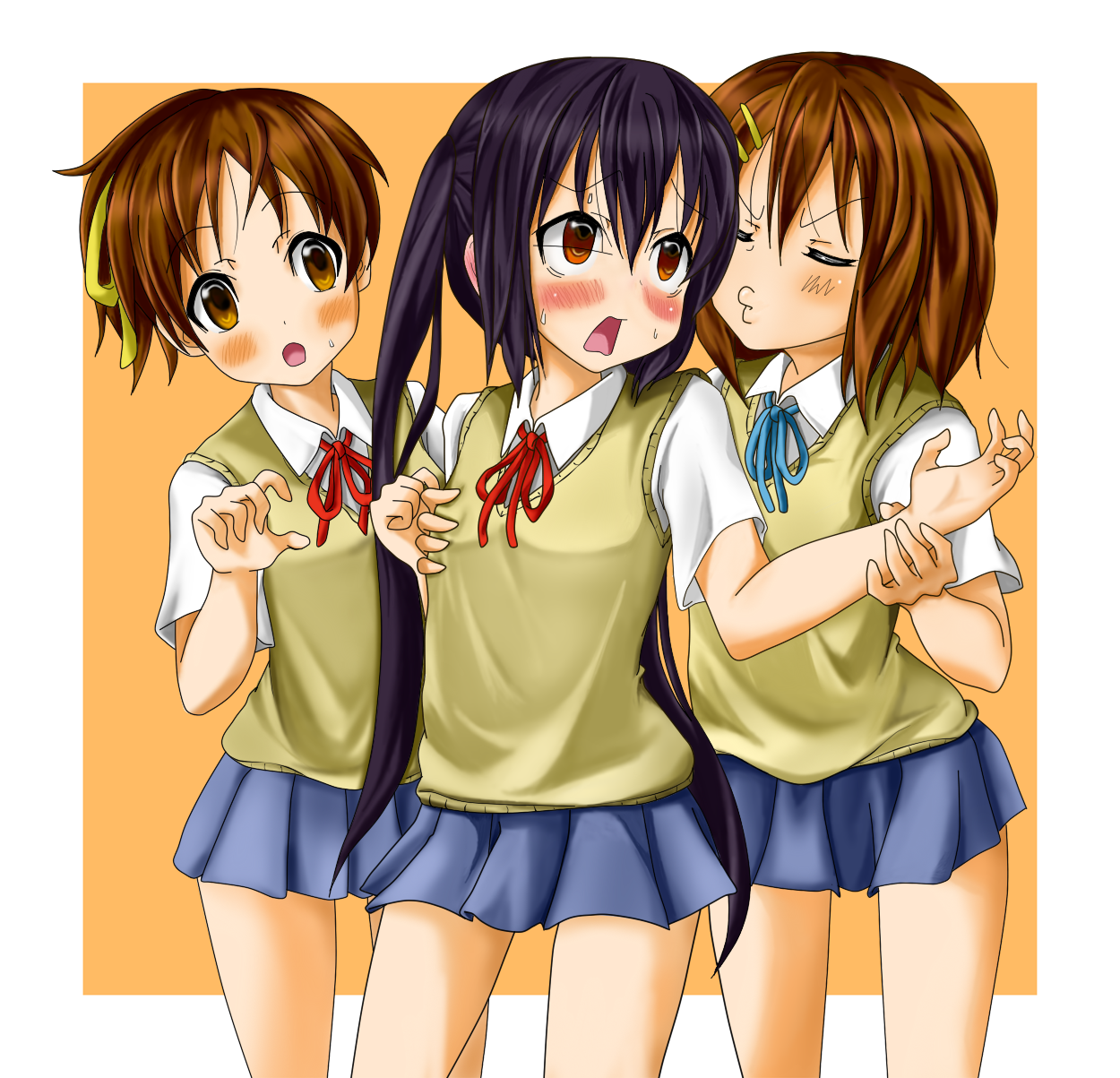 kf, hirasawa ui, hirasawa yui, nakano azusa, k-on!, bad id, bad pixiv id, highres, 00s, 3girls, black hair, blush, brown eyes, brown hair, closed eyes, kiss, long hair, multiple girls, o3o, ponytail, school uniform, short hair, sweater vest, twintails, yuri