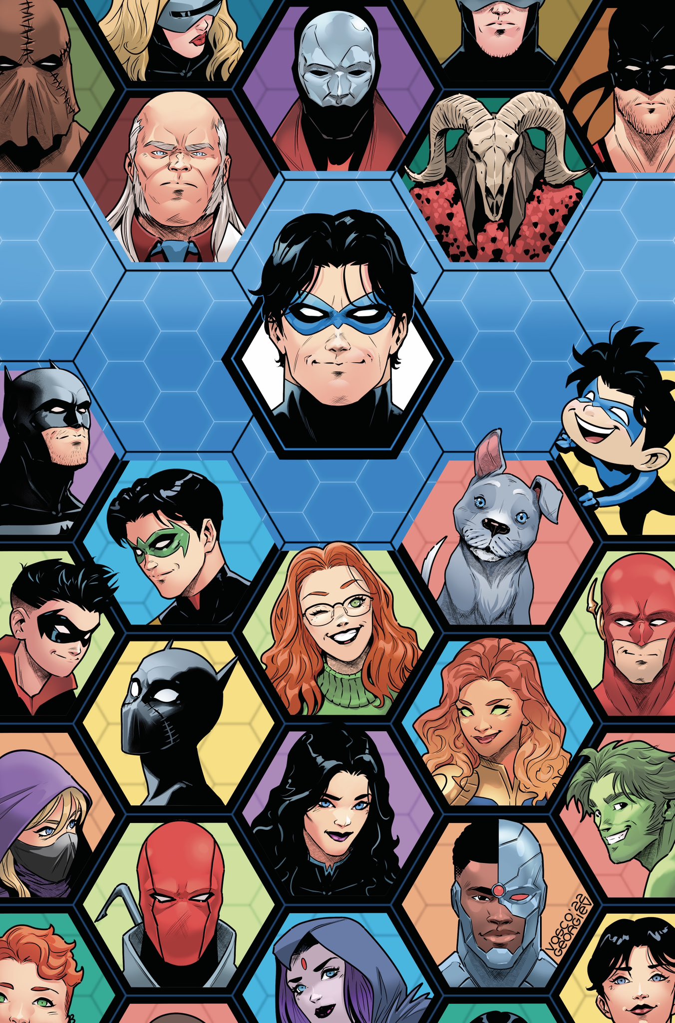 vasco georgiev, barbara gordon, batgirl, batman, beast boy (dc), bruce wayne, cassandra cain, cyborg (dc), damian wayne, dick grayson, donna troy, jason todd, nightwing, raven (dc), red hood (dc), robin (dc), spoiler (dc), starfire, stephanie brown, the flash, tim drake, wally west, batman (series), dc comics, teen titans, the flash (series), character request, comic cover, commentary, english commentary, highres, official art, textless version, 6+boys, 6+girls, artist name, batgirl costume (2021 cassandra), black hair, blockbuster (dc), blonde hair, blue eyes, brutale, colored sclera, colored skin, cowl, cyborg, dark-skinned male, dark skin, dated, dog, domino mask, dyxl, everyone, eye mask, forehead jewel, glasses, green eyes, green sclera, grey skin, gunbunny, haley the dog, heartless (dc), hexagon, la agente funebre, mask, multiple boys, multiple girls, orange hair, orange skin, portrait, purple hair, superhero costume, tamaranean