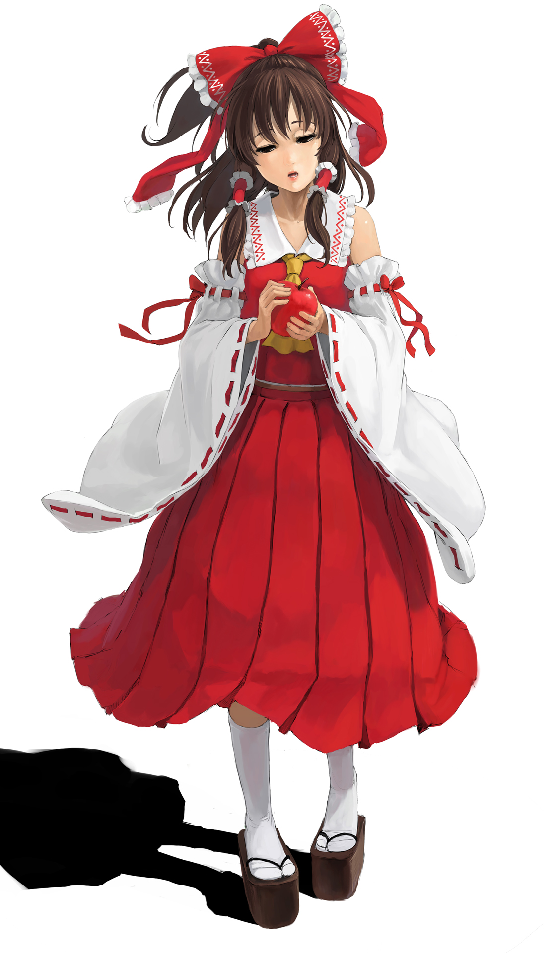 kuroko (piii), hakurei reimu, touhou, highres, 1girl, apple, bad apple!!, bow, brown hair, clog sandals, detached sleeves, female focus, food, fruit, hair bow, half updo, holding, holding food, holding fruit, japanese clothes, miko, okobo, platform sandals, sandals, short hair, solo