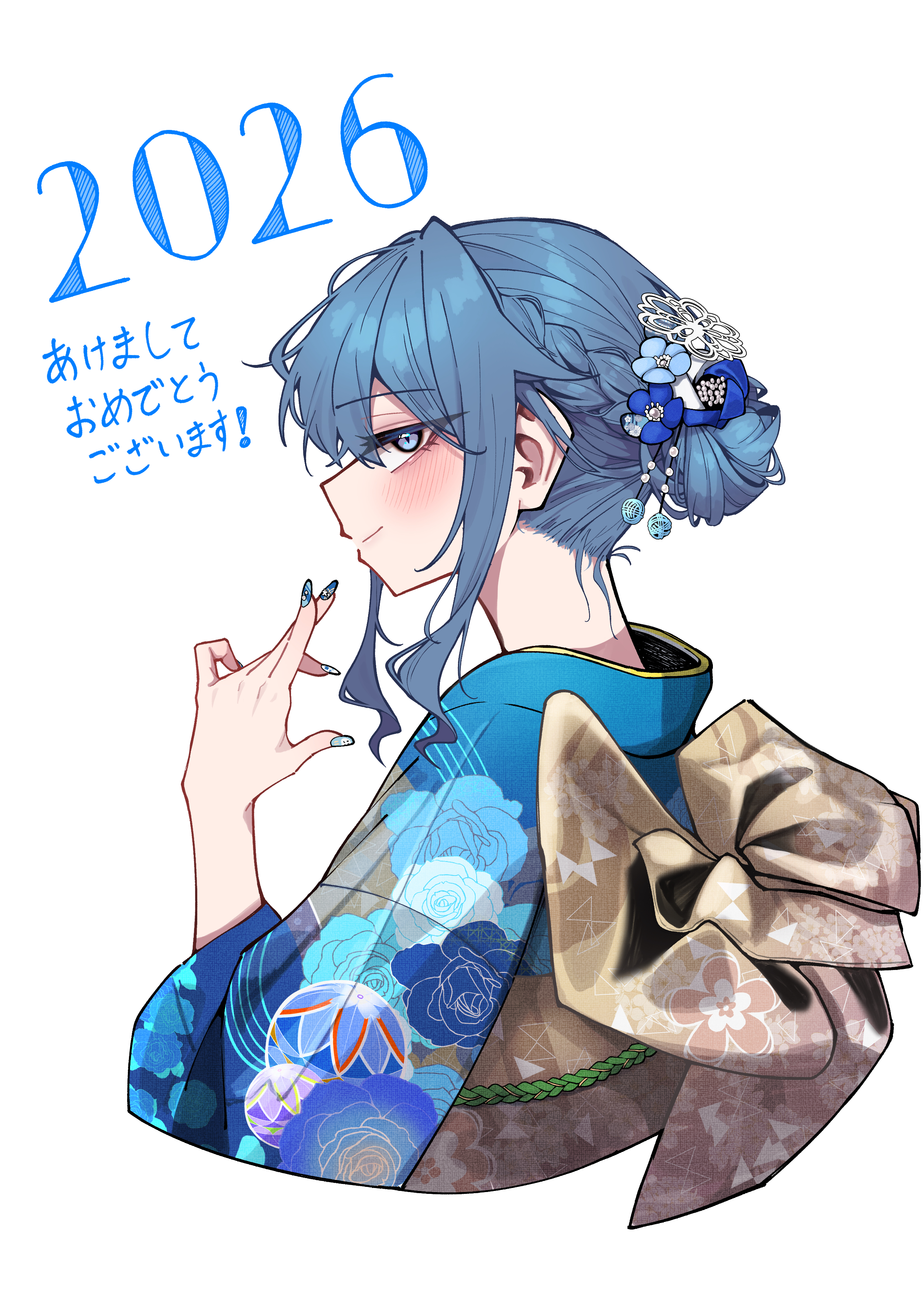 warabi mochi (w4rabimochi), konno you (warabi mochi (w4rabimochi)), original, absurdres, commentary request, highres, 1girl, 2026, black hair, blue eyes, blue kimono, blue necktie, blush, braid, braided bun, closed mouth, hair bun, hair ornament, hand up, happy new year, japanese clothes, kimono, looking at viewer, nail polish, necktie, new year, pink sash, sash, short hair, smile, solo