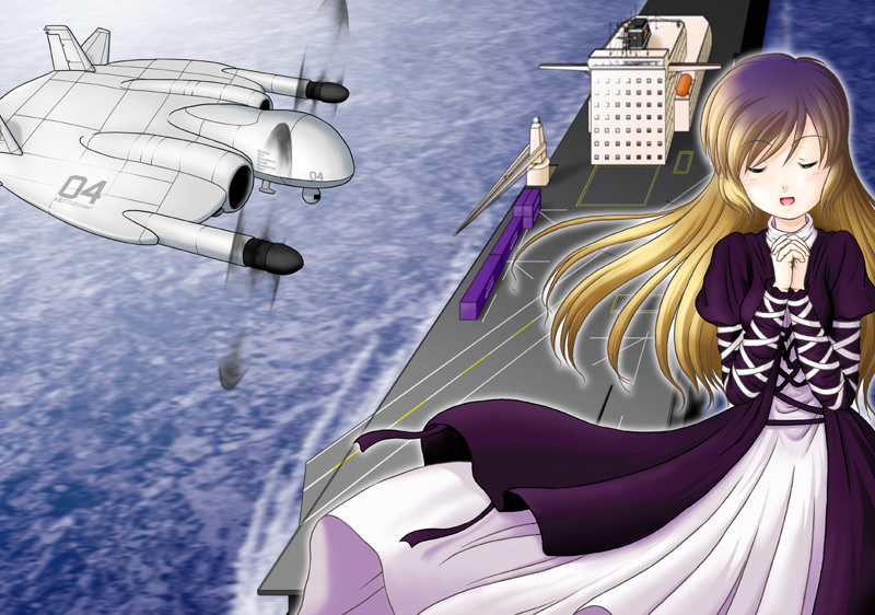 sakurato tsuguhi, hijiri byakuren, touhou, 1girl, aircraft, aircraft carrier, airplane, boat, female focus, gradient hair, military, military vehicle, multicolored hair, road, ship, solo, warship, watercraft, xf5u