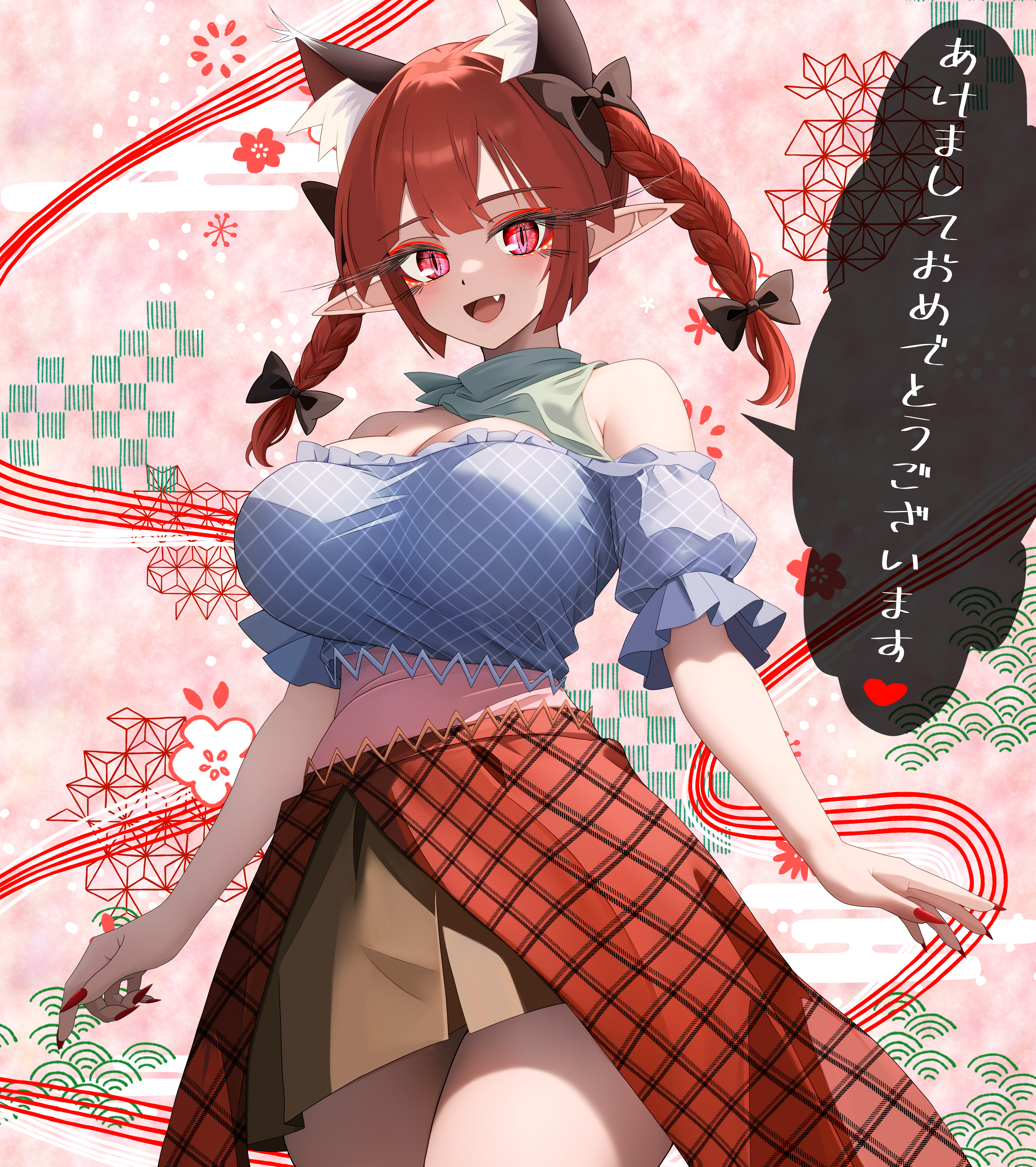 sugar you, kaenbyou rin, kurokoma saki, touhou, absurdres, commentary request, highres, translation request, 1girl, alternate costume, animal ear fluff, animal ears, asa no ha (pattern), bandana, bandana around neck, blue shirt, bow, braid, breasts, brown skirt, cat ears, cleavage, cosplay, egasumi, extra ears, fang, fingernails, green bandana, hair bow, happy new year, heart, kurokoma saki (cosplay), large breasts, long fingernails, long hair, looking at viewer, new year, off-shoulder shirt, off shoulder, open mouth, pointy ears, red eyes, red hair, red nails, seigaiha, sharp fingernails, shirt, skirt, slit pupils, smile, solo, speech bubble, spoken heart, twin braids