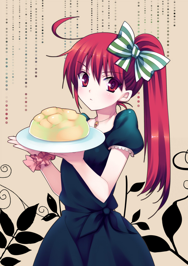 kodamasawa izumi, shana, shakugan no shana, bad id, bad pixiv id, 00s, 1girl, ahoge, bow, bread, dress, female focus, food, formal clothes, hair bow, jewelry, long hair, melon bread, pendant, plate, red eyes, red hair, side ponytail, solo