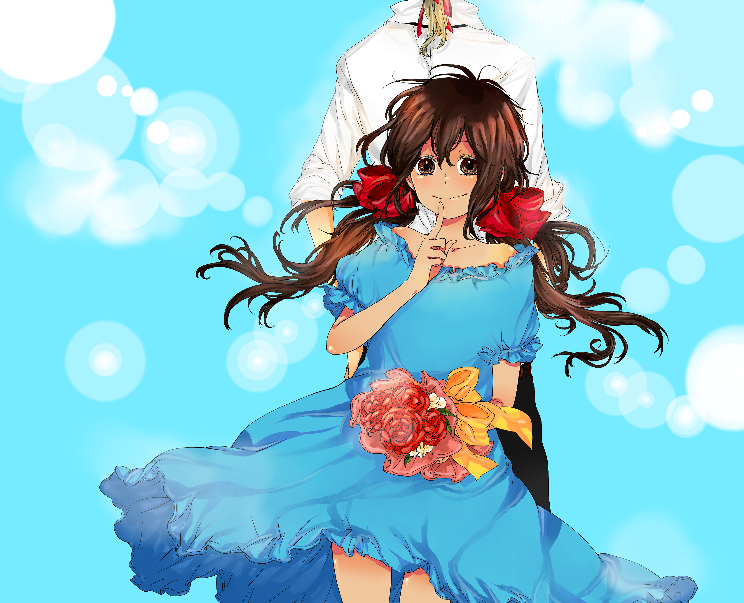 manda (artist), manda (tyomesuke), france (hetalia), seychelles (hetalia), axis powers hetalia, bad id, bad pixiv id, highres, 00s, 1boy, 1girl, blonde hair, blurry, bokeh, bouquet, brown eyes, brown hair, couple, depth of field, dress, flower, frills, gathers, hair ribbon, height difference, hetero, long hair, ponytail, ribbon, short hair, smile, twintails