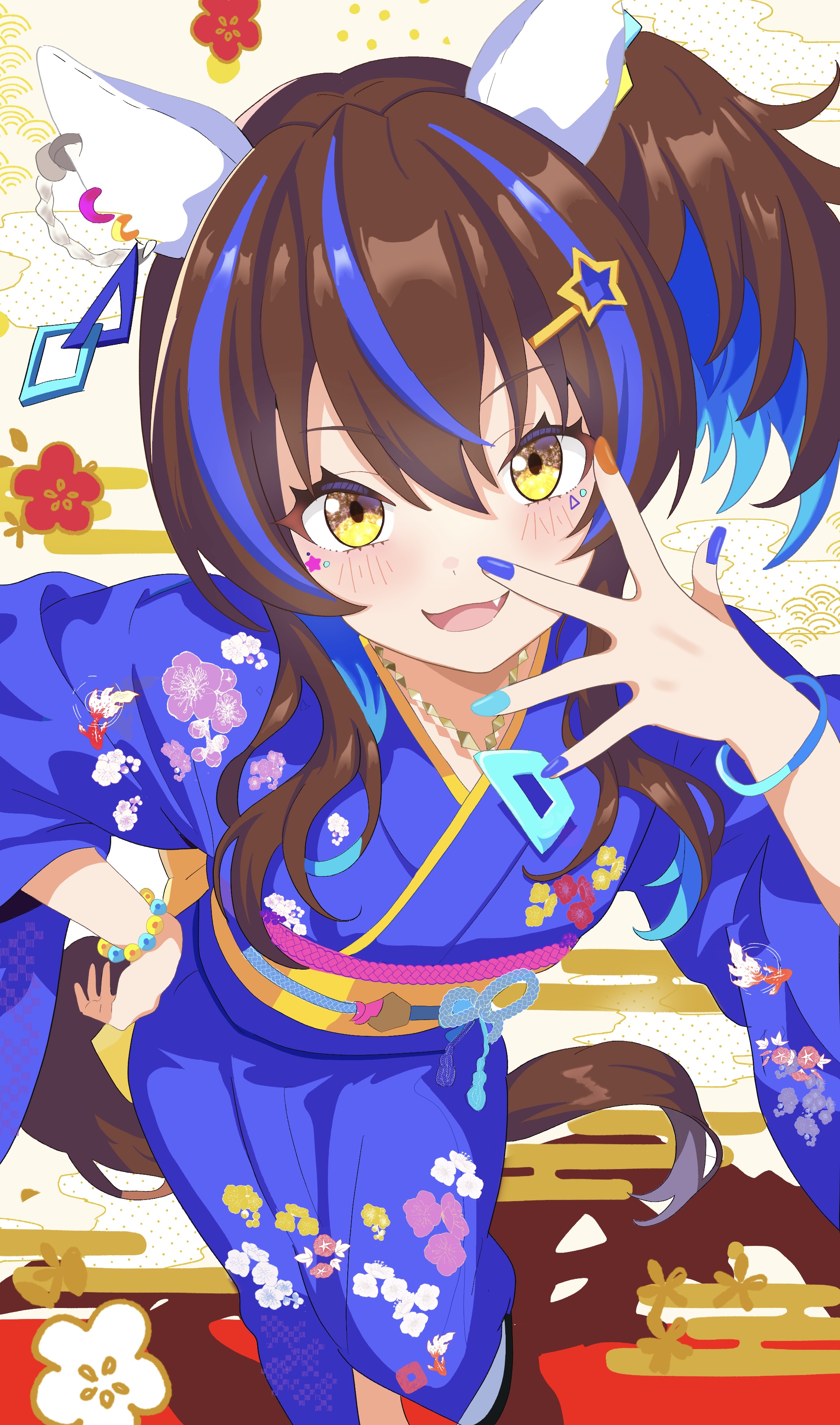 chiseinalice, daitaku helios (umamusume), umamusume, absurdres, commentary request, highres, 1girl, alternate costume, animal ear piercing, animal ears, blue hair, blue kimono, brown hair, colored inner hair, ear covers, ear ornament, ear piercing, egasumi, floral print, floral print kimono, gyaru, hair between eyes, hair ornament, happy new year, horse ears, horse girl, horse tail, japanese clothes, kimono, looking at viewer, multicolored hair, multicolored nails, new year, obi, open mouth, piercing, print kimono, sash, smile, solo, streaked hair, tabi, tail, yellow eyes