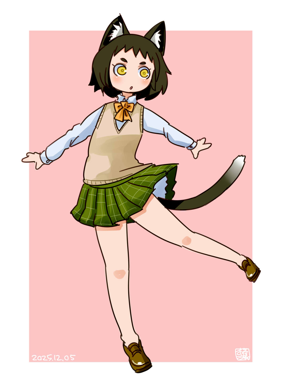 itini-sanshi, original, commentary request, highres, 1girl, animal ears, black hair, blush, bow, bowtie, brown shoes, brown sweater vest, cat ears, cat girl, cat tail, full body, green skirt, loafers, long sleeves, looking afar, miniskirt, open mouth, orange bow, orange bowtie, pink background, plaid clothes, plaid skirt, pleated skirt, school uniform, shirt, shoes, short bangs, short hair, skirt, solo, standing, sweater vest, tail, two-tone background, white shirt, yellow eyes