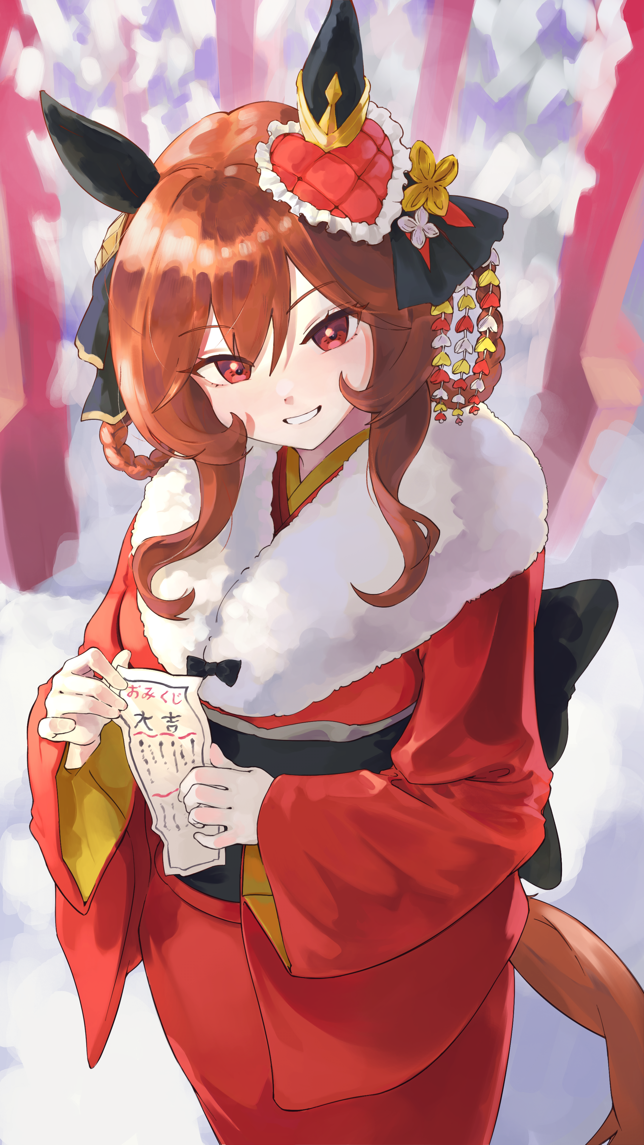 haang10270, gentildonna (umamusume), umamusume, absurdres, commentary, english commentary, highres, 1girl, animal ears, black sash, blush, braid, braided hair rings, breasts, brown hair, ear covers, fur-trimmed kimono, fur trim, hair between eyes, hair ornament, hair rings, heart-shaped ornament, heart ear ornament, holding, holding omikuji, horse ears, horse girl, horse tail, japanese clothes, kimono, long hair, long sleeves, looking at viewer, obi, omikuji, open mouth, red eyes, red kimono, sash, smile, solo, tail