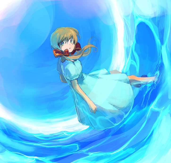 sakata kaname, seychelles (hetalia), axis powers hetalia, bad id, bad pixiv id, 00s, 1girl, barefoot, brown eyes, brown hair, dress, female focus, full body, hair ribbon, long hair, looking up, ribbon, sitting, soaking feet, solo, twintails, water