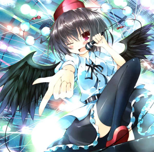 hoshikuzu, shameimaru aya, touhou, bad id, 1girl, black hair, black wings, female focus, hat, looking at viewer, microphone, open mouth, red eyes, short hair, skirt, smile, solo, thighhighs, tokin hat, wings, zettai ryouiki