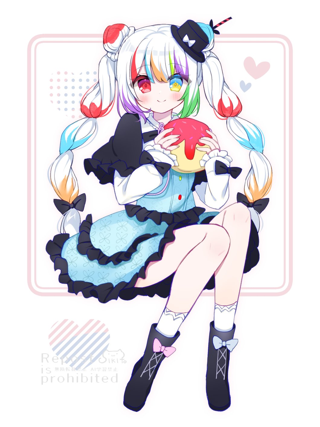 shikito (yawa0w0), jogasaki noah, book off, mahou shoujo no majo saiban, commentary request, highres, 1girl, bag, black boots, black capelet, blue skirt, boots, capelet, closed mouth, double bun, frilled capelet, frilled skirt, frills, full body, hair bun, heterochromia, holding, holding bag, invisible chair, long hair, long sleeves, looking at viewer, miniskirt, multi-tied hair, multicolored hair, official alternate costume, official alternate hairstyle, shirt, sitting, skirt, smile, socks, solo, streaked hair, twintails, white hair, white shirt, white socks, yellow eyes