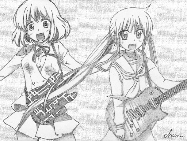 chun (pixiv480276), kushieda minori, sanzen'in nagi, hayate no gotoku!, toradora!, 00s, 2girls, crossover, greyscale, guitar, instrument, monochrome, multiple girls, school uniform, short hair, twintails