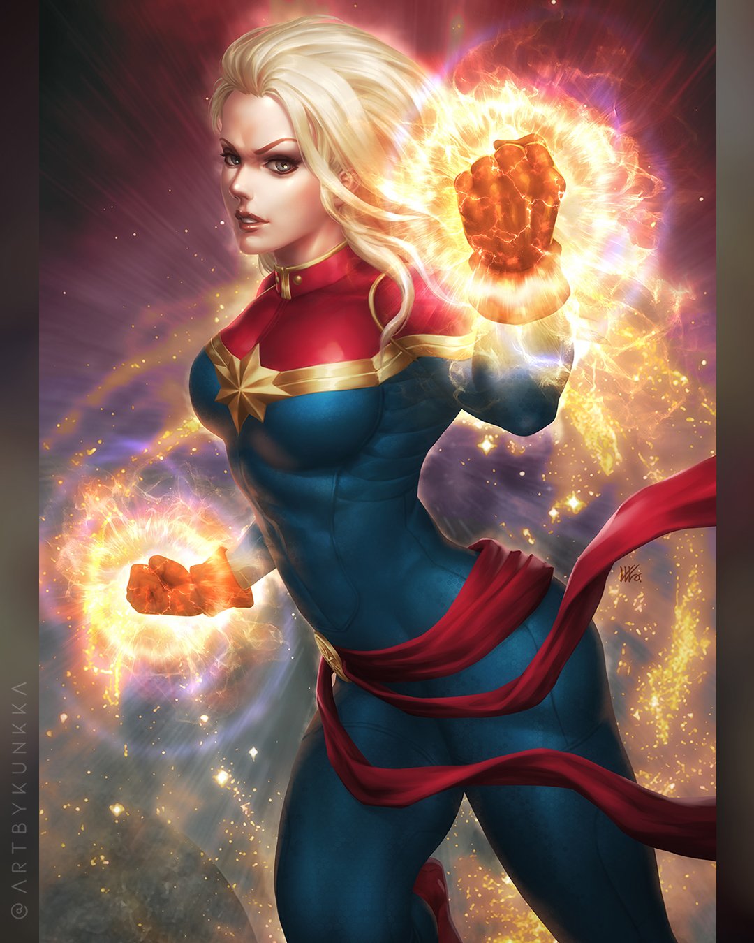 kunkka, captain marvel, carol danvers, avengers (series), marvel, commentary, english commentary, highres, 1girl, blonde hair, blue bodysuit, bodysuit, clenched hands, energy, floating clothes, floating hair, gloves, grey eyes, long hair, looking at viewer, looking to the side, multicolored bodysuit, parted lips, red bodysuit, red gloves, red sash, sash, solo, superhero costume, toned, toned female, twitter username
