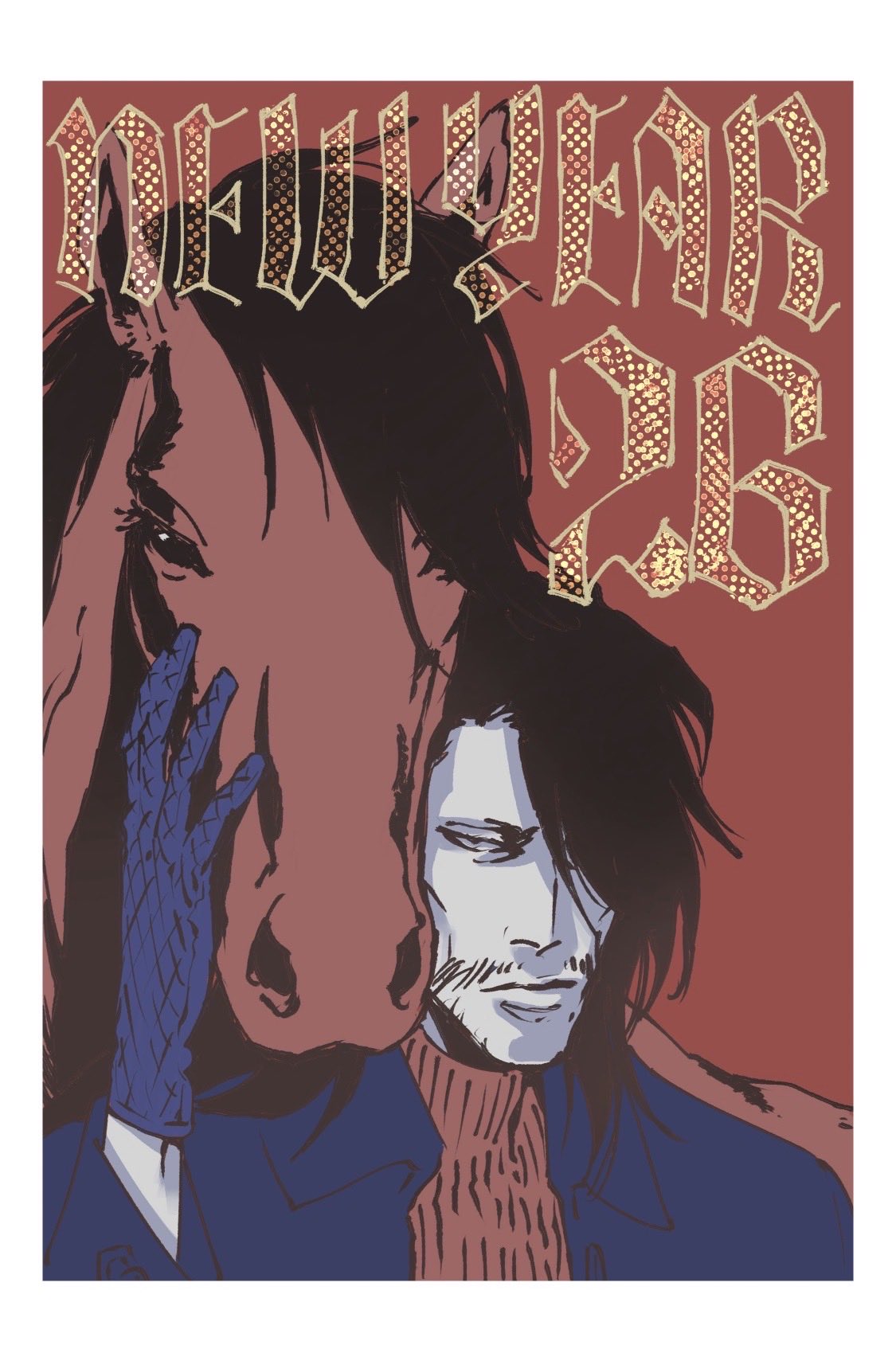 kubo tite, yhwach, bleach, bleach: sennen kessen-hen, highres, official art, second-party source, 1boy, 2026, animal, black hair, border, chinese zodiac, facial hair, gloves, happy new year, horse, jacket, long hair, new year, quincy (bleach), simple background, sternritter, turtleneck, upper body, white border, year of the horse