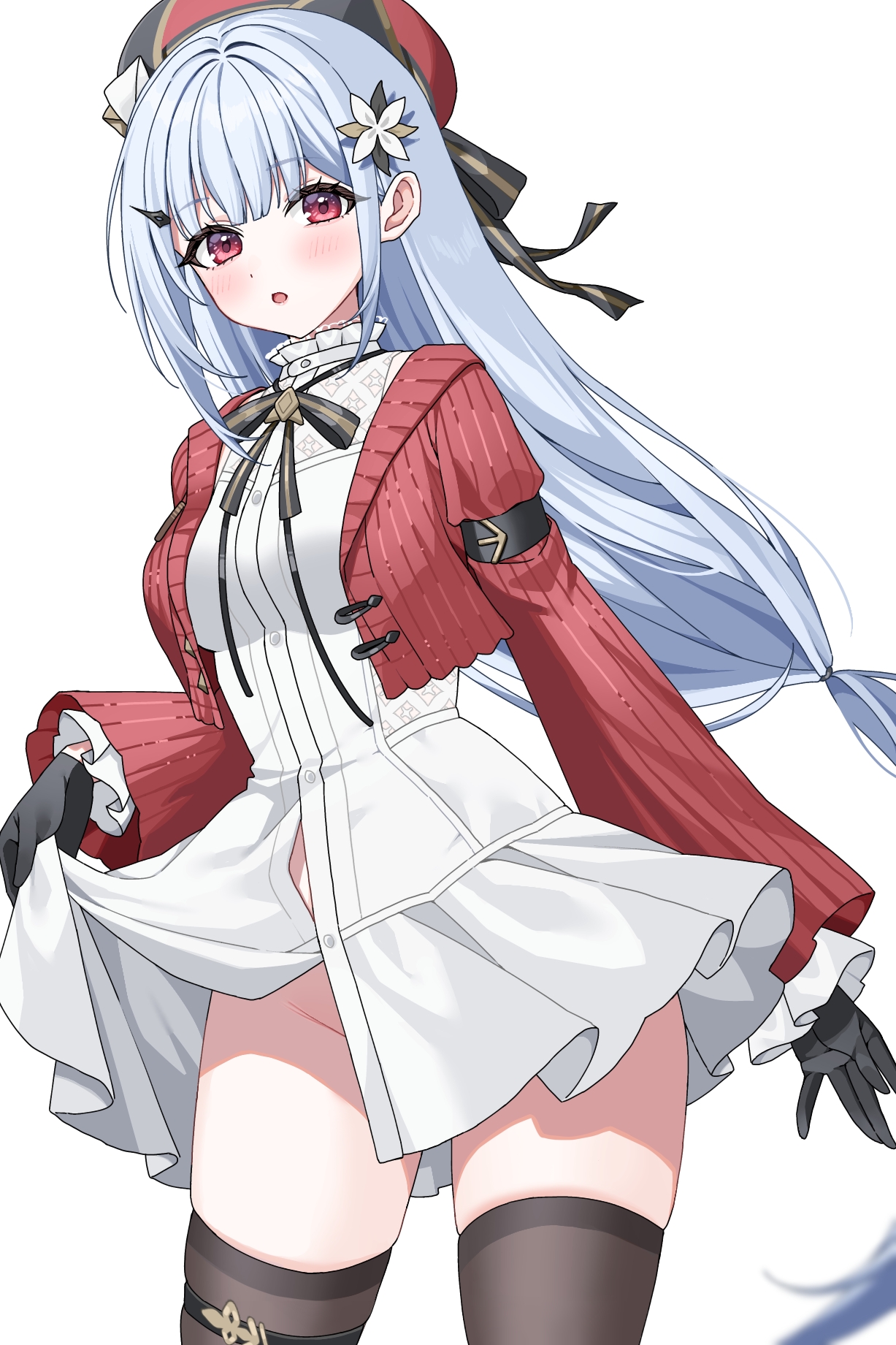 hayami kaname, freesia (stella sora), stella sora, commentary request, highres, 1girl, beret, black gloves, black ribbon, black thighhighs, blue eyes, blush, breasts, buttons, clothes lift, cropped jacket, dress, dutch angle, flower, freesia (flower), freesia (the gift of falling snow) (stella sora), frilled sleeves, frills, gloves, gold trim, groin, hair flower, hair ornament, hat, jacket, long hair, long sleeves, looking at viewer, medium breasts, neck ribbon, no panties, open clothes, open jacket, open mouth, red eyes, red hat, red jacket, ribbon, short dress, sidelocks, simple background, skirt, skirt lift, solo, standing, thighhighs, thighs, very long hair, white background, white dress