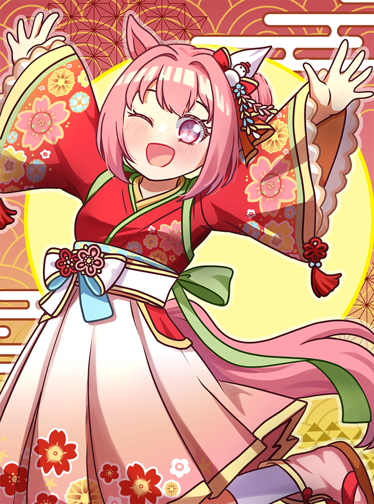 amaimi, haru urara (first urara saku sakura) (umamusume), haru urara (umamusume), umamusume, commentary request, textless version, 1girl, animal ears, blush, bow, camellia print, ear bow, ear covers, floral print, flower-shaped pupils, flower in eye, hakama, horse ears, horse girl, horse tail, japanese clothes, kimono, long hair, long sleeves, looking at viewer, new year, official alternate costume, one eye closed, open mouth, pink eyes, pink hair, pink hakama, ponytail, red kimono, sandals, single ear cover, smile, socks, solo, symbol-shaped pupils, symbol in eye, tail, white hakama, wide sleeves