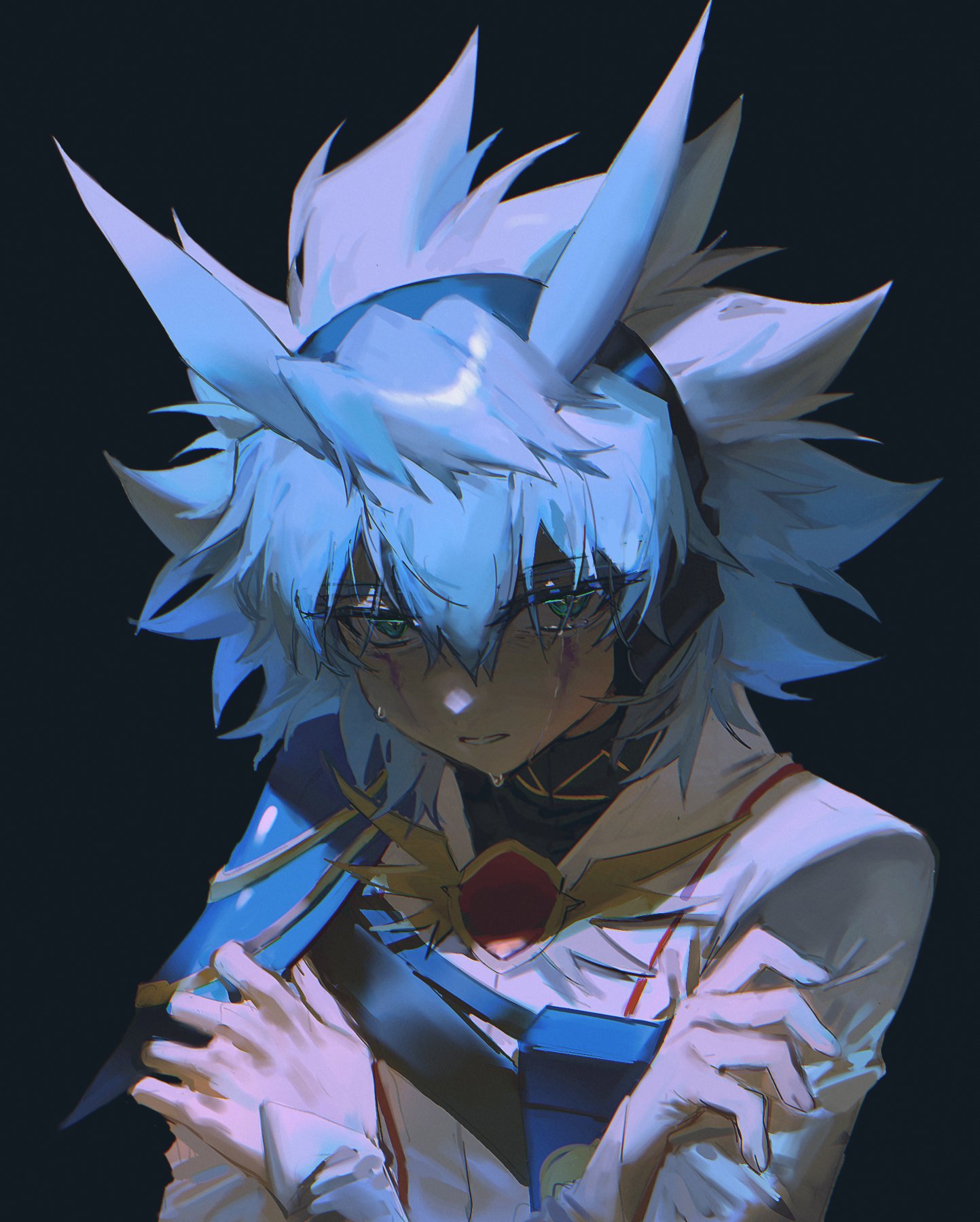 alien 888, yudias velgear, yu-gi-oh!, yu-gi-oh! go rush!!, highres, 1boy, antenna hair, armor, bags under eyes, belt pouch, black background, black shirt, blue armor, blue hair, coat, crossed arms, crying, crying with eyes open, eyes visible through hair, facial mark, green eyes, hands on own arms, headphones, male focus, parted lips, pouch, shirt, shoulder armor, sleeves past wrists, spiked hair, streaming tears, teardrop, tears, upper body, white coat