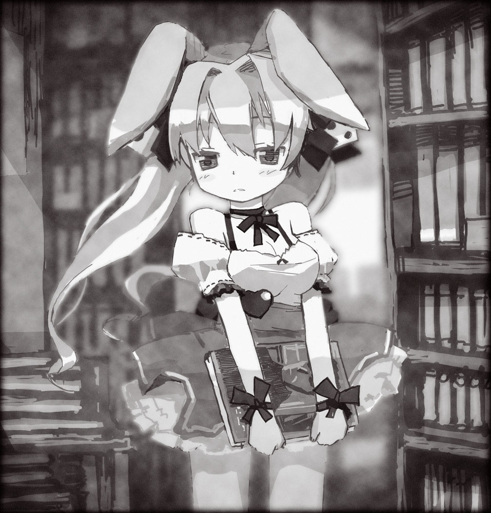 zakone, usada hikaru, di gi charat, 1girl, animal ears, bare shoulders, book, breasts, brown theme, choker, cleavage, detached sleeves, dice, dress, female focus, hair ornament, hair ribbon, heart, library, long hair, medium breasts, monochrome, rabbit ears, ribbon, skirt, solo, wristband
