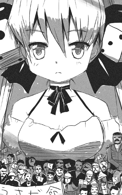saxyun, zakone, usada hikaru, di gi charat, bad id, bad pixiv id, 1girl, bare shoulders, choker, detached sleeves, dice, female focus, greyscale, hair ornament, hair ribbon, halterneck, monochrome, ribbon, solo, twintails