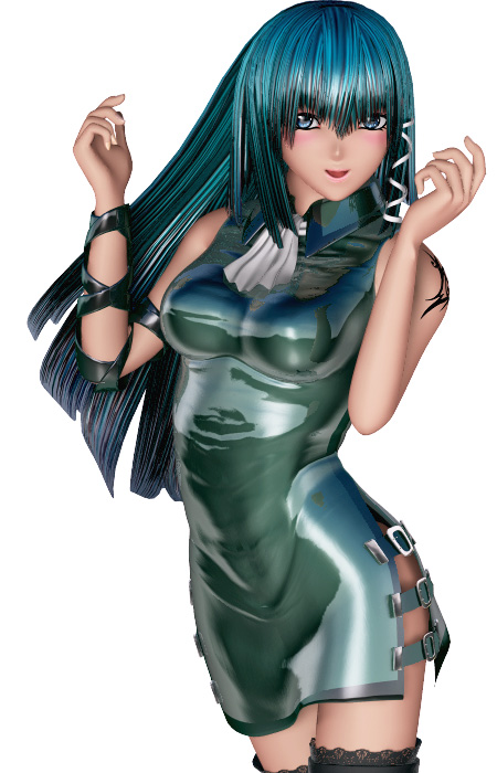 a-masayuki, reina, lace-trimmed legwear, 1girl, 3d, black thighhighs, blue hair, blush, dress, female focus, hair ribbon, lace, lace trim, long hair, ribbon, shiny clothes, simple background, skin tight, smile, solo, strap, tattoo, thighhighs, white background, zettai ryouiki