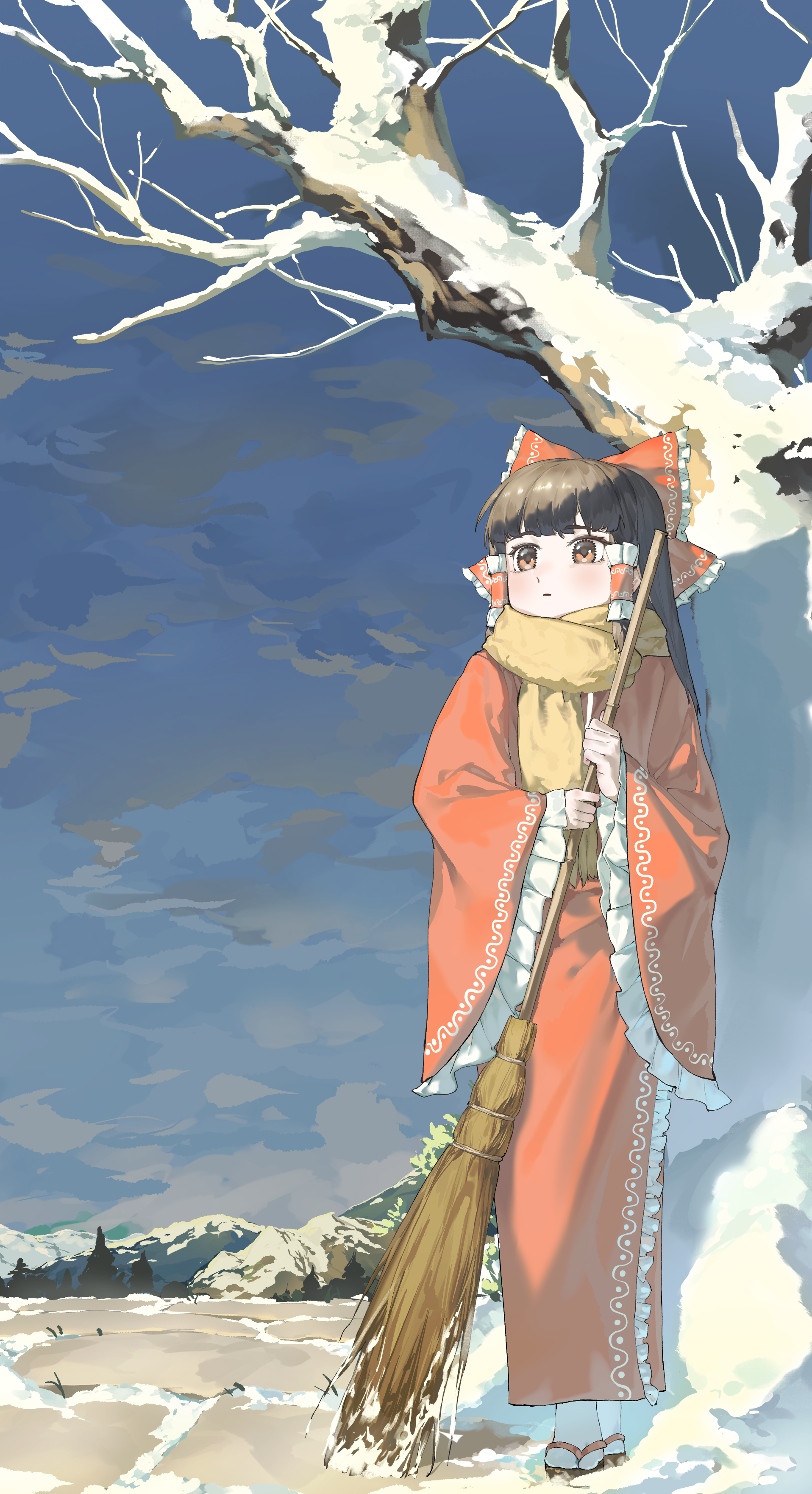 kori (pixiv 27692799), hakurei reimu, touhou, absurdres, commentary request, highres, 1girl, :|, black hair, bow, broom, closed mouth, dot nose, frilled bow, frilled hair tubes, frilled sleeves, frills, hair bow, hair tubes, holding, holding broom, japanese clothes, kimono, looking to the side, outdoors, red bow, red kimono, sandals, scarf, snow, solo, tabi, wide sleeves, yellow scarf, zouri